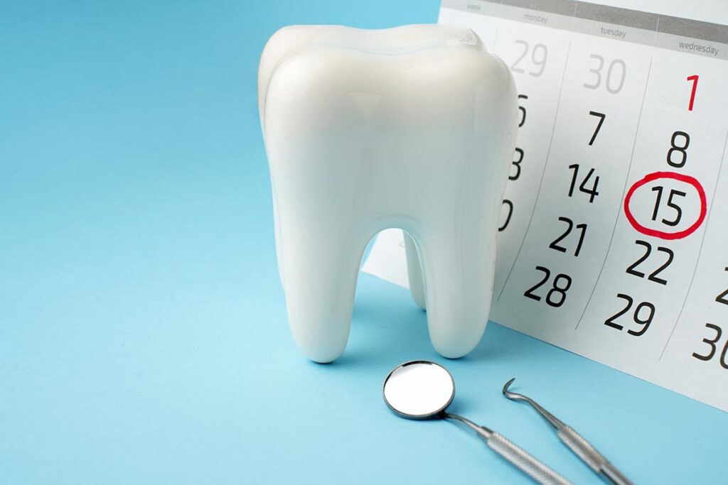 A large, white tooth model next to a calendar with the 15th circled in red. Dental tools are placed nearby on a light blue background.
